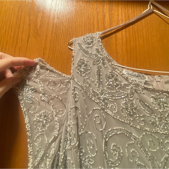 Silver Beaded Cold Shoulder Dress by Prelude. Size 14 Pageant, Dinner, Awards - Picture 2 of 5
